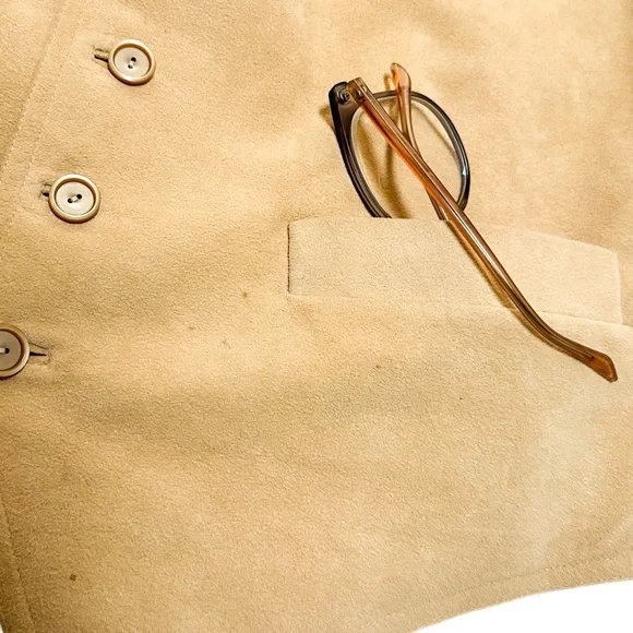 Vintage 70s Tan Suede Satin Button-Up Vest Slim Fit Suit Tuxedo Disco Formalwear